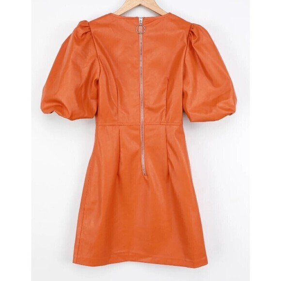 Lulus Play a Tune Size L Rust Orange Vegan Leather Puff Sleeve Mini Party Dress - Picture 6 of 12